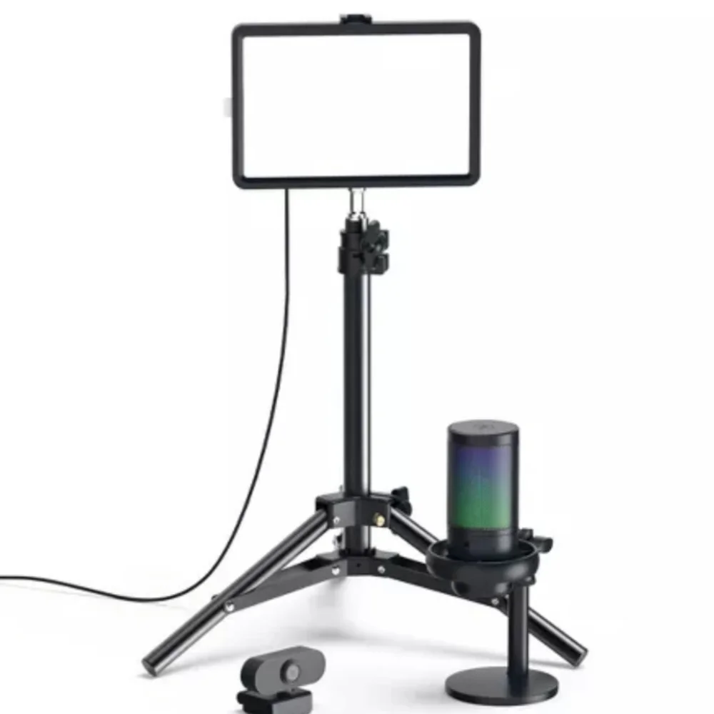 Vlogging Kit: Adjustable Black Tripod with LED Light and Speaker